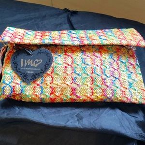 Vegan Metallic gold and straw multi colored clutch with strap for cross body